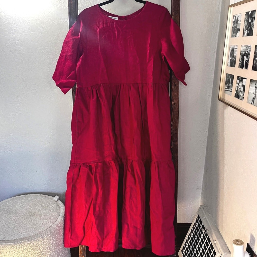 Simpson Red 100% Linen Tiered Midi Dress Button Back Pockets Handmade Medium